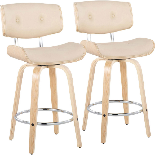 Lombardi 26" Swivel Counter Stool Natural Wood & Cream Leatherette with Chrome Footrest (Set of 2)